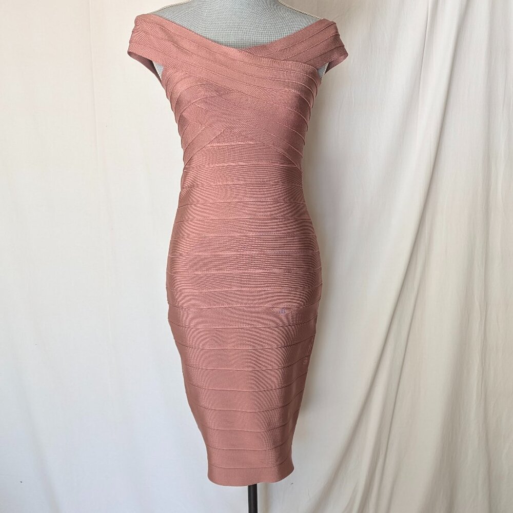 Boutique Style Pink Midi Bandage Bodycon Off-Shoulder Dress M